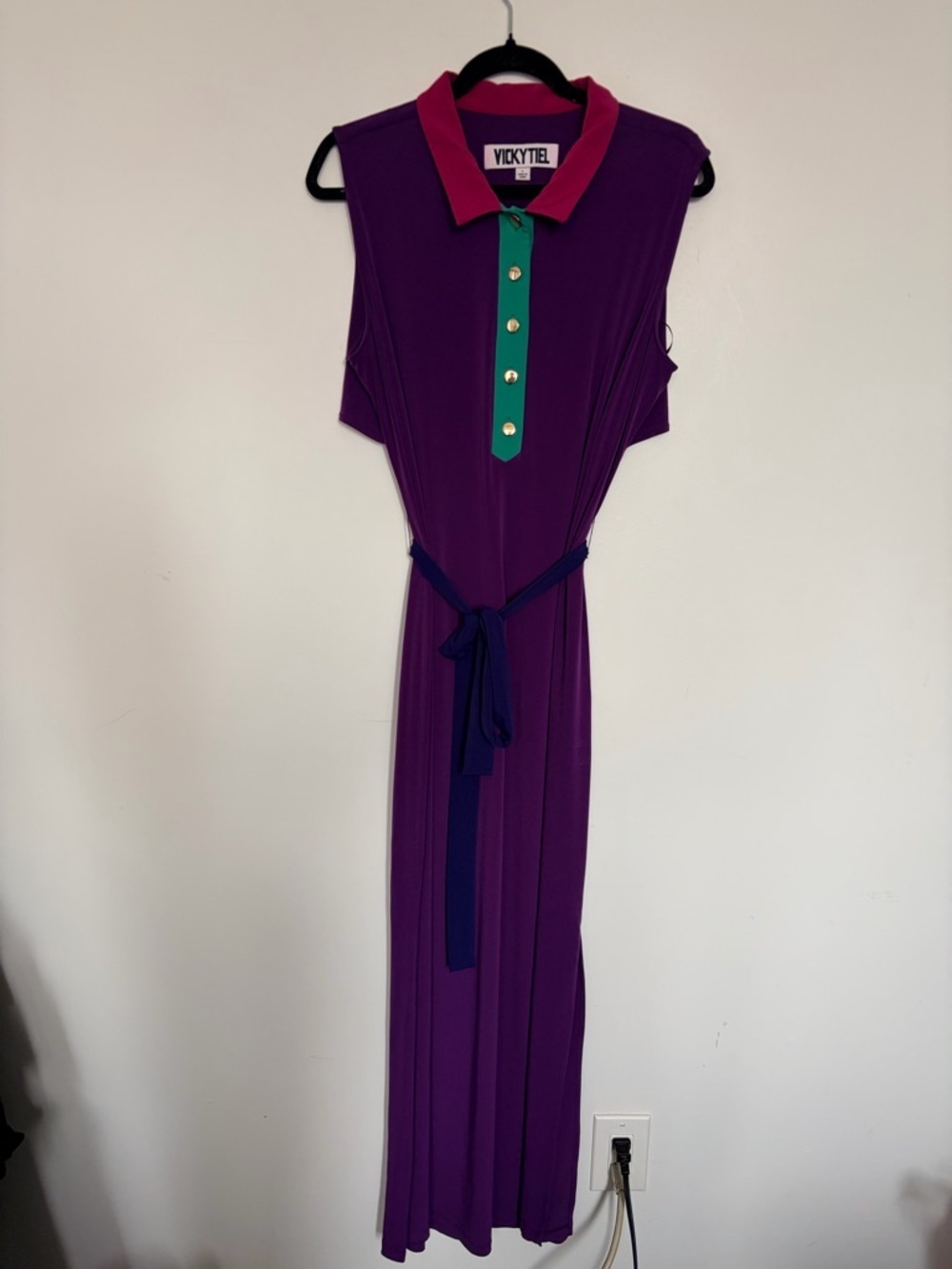 VickyTiel Purple Sleeveless Maxi Dress with Pink Collar and Green Placket -Large